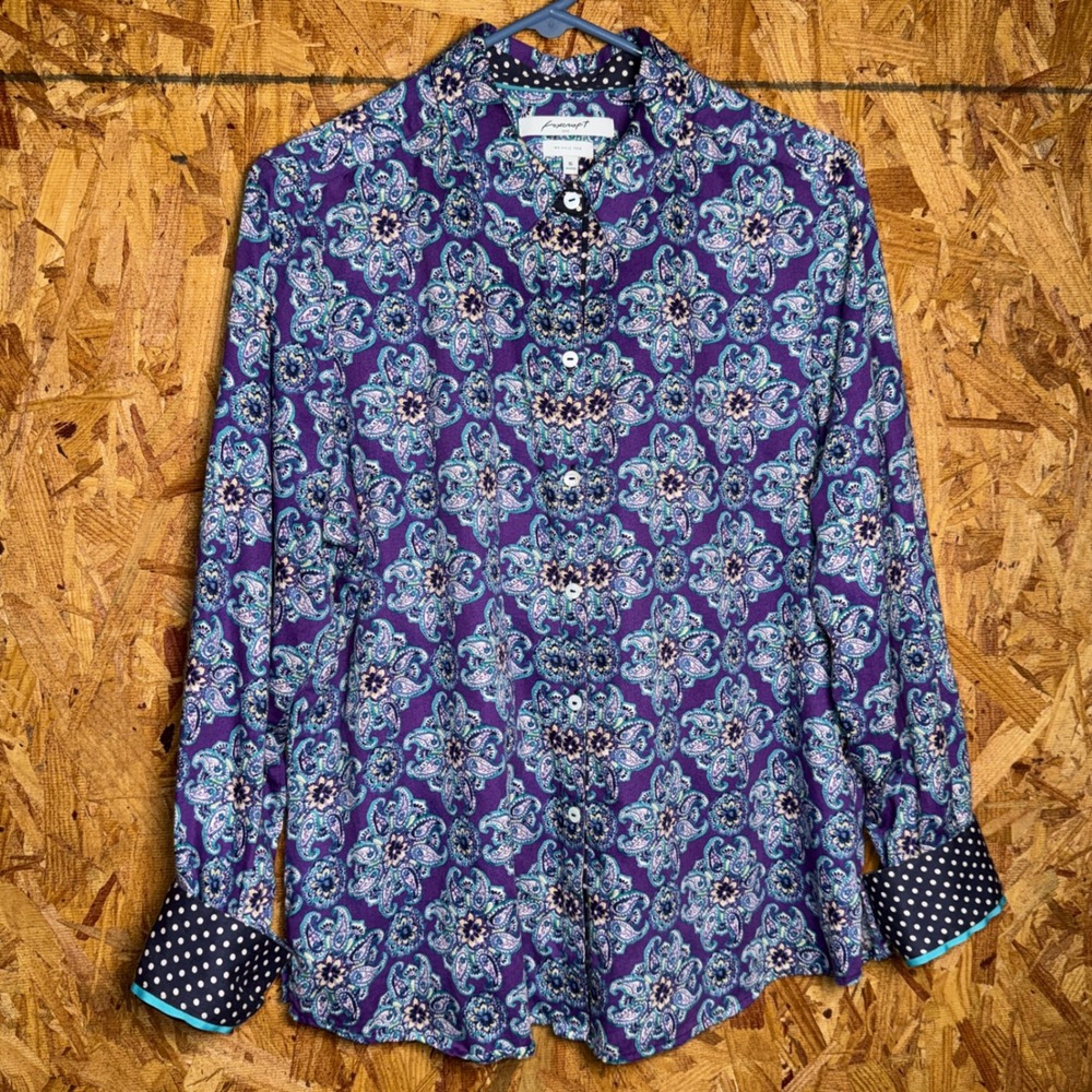 Foxcroft Purple Paisley Button Blouse Top Flip Cuff Wrinkle Free 16 Plus Shaped